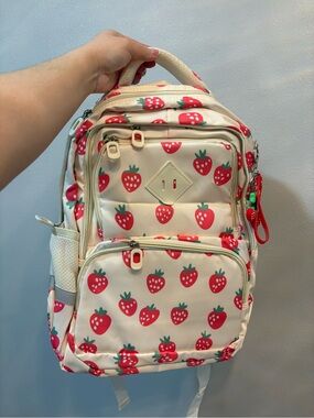 Strawberry Print Backpack — Cream with Red Accents